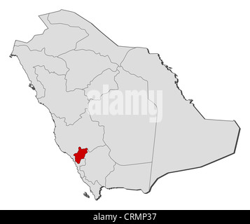 Carte politique de l'Arabie saoudite avec les diverses provinces où Al-Bahah est mis en évidence. Banque D'Images