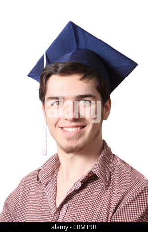 Des diplômés du secondaire portant une graduation cap bleu sur fond blanc Banque D'Images