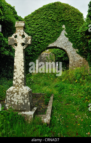Ancienne croix à l'intérieur de Noughaval ancienne église, le Burren, comté de Clare, Irlande Banque D'Images