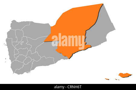 Carte politique du Yémen à l'Hadramaout où plusieurs gouvernorats est mis en évidence. Banque D'Images