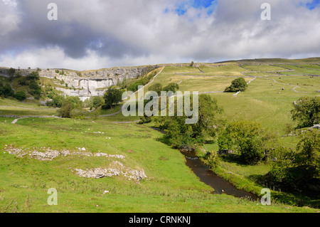 Malham Cove, une spectaculaire formation calcaire incurvée dans le Parc National des Yorkshire Dales. Banque D'Images