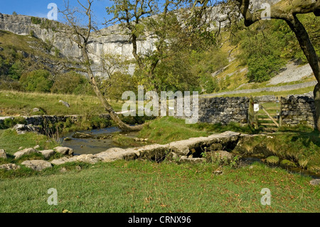 L'ensemble pont Battant Malham Beck avec Malham Cove, une spectaculaire formation calcaire incurvée dans le Yorkshire Dales National Par Banque D'Images