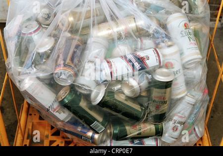 Collection sac plein d'un supermarché avec des canettes de bière vides Banque D'Images