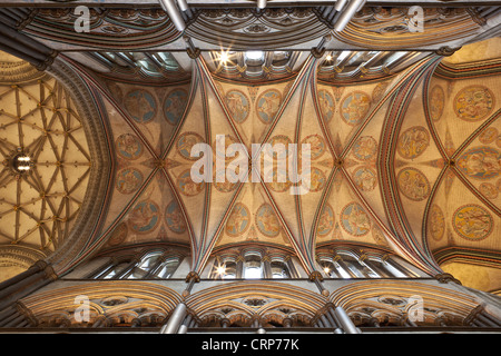 Ornate rib vault plafond de la Quire dans la cathédrale de Salisbury. Banque D'Images