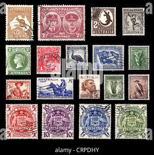 Différents timbres d'Australie à partir de la 40s et 50s montrant des symboles nationaux Banque D'Images