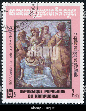 Un timbre imprimé dans le Kampuchea, est dédiée à la 500 ème anniversaire de l'artiste italien Raphael Santi, vers 1983 Banque D'Images
