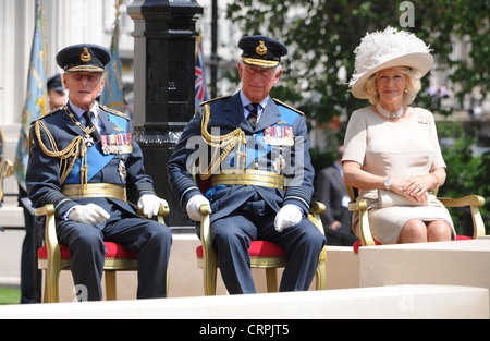 S.a.r. le Prince Phillip vu avec le Prince Charles et Camilla à l'occasion du dévoilement de la Royal Air Force Bomber Command memorial, London Banque D'Images
