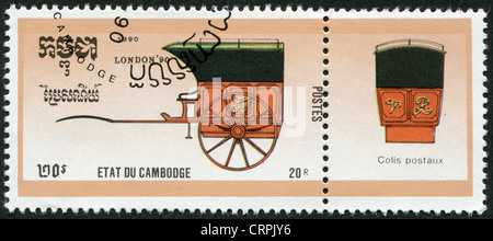 Cambodge-VERS 1990 : timbre imprimé dans le Cambodge, dédié STAMPWORLD LONDRES-90, montre une diligence, vers 1990 Banque D'Images