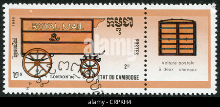 Cambodge-VERS 1990 : timbre imprimé dans le Cambodge, dédié STAMPWORLD LONDRES-90, montre une diligence, vers 1990 Banque D'Images