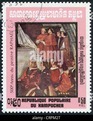 Un timbre imprimé dans le Kampuchea, est dédiée à la 500 ème anniversaire de l'artiste italien Raphael Santi, vers 1983 Banque D'Images
