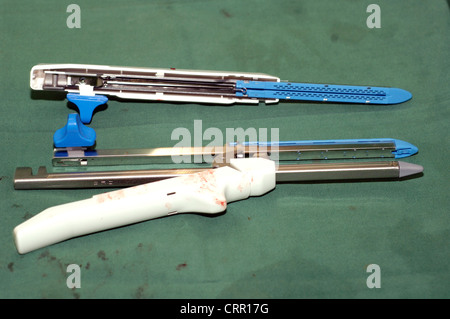 Un coupe-agrafeuse linéaire dispositif utilisé pour placer des agrafes dans les intestins. Banque D'Images