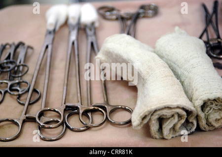 Ciseaux chirurgicaux, des pinces et des tampons sur un plateau médical, disposés et prêts pour une procédure. Banque D'Images