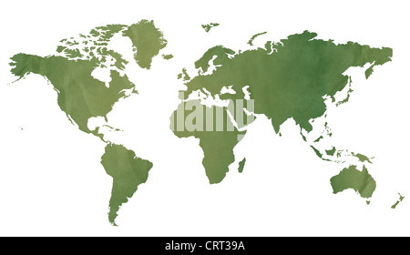 Carte du monde dans le vieux livre vert isolé sur fond blanc. Banque D'Images