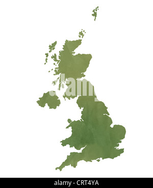 Carte britannique dans de vieux papier vert isolé sur fond blanc. Banque D'Images