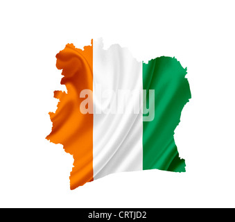 La carte de la Côte d'Ivoire avec waving flag isolated on white Banque D'Images