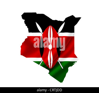 La carte du Kenya avec waving flag isolated on white Banque D'Images