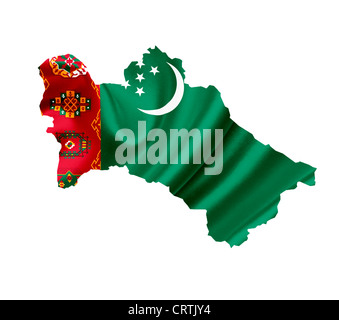 La carte du Turkménistan avec waving flag isolated on white Banque D'Images