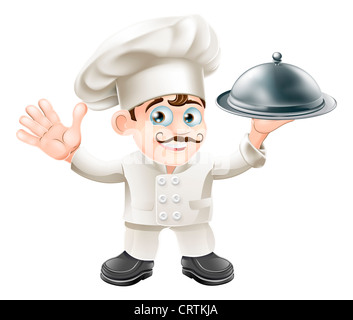 Un chef français cute mascot avec moustache tenant un plateau de nourriture et d'argent à la visionneuse à Banque D'Images