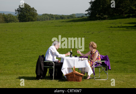 Couple de retraités bénéficiant d'un pique-nique au champagne sur la pelouse, Glyndebourne Opera Festival, Lewes Sussex UK Banque D'Images