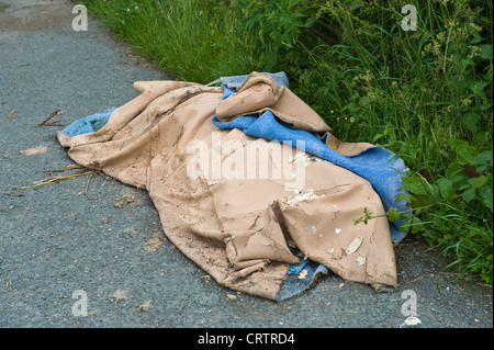 Les décharges sauvages faisant l'objet d'un vieux tapis ménage en bordure d'aire dans la campagne en milieu rural Herefordshire Angleterre UK Banque D'Images