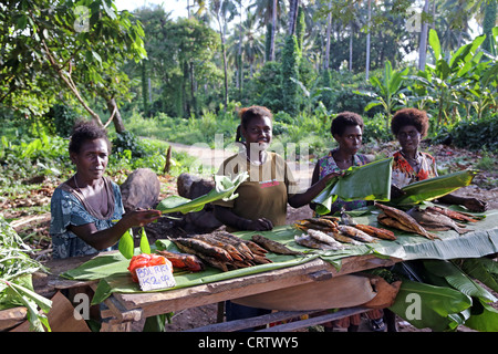 Les mouches de la vague des femmes poissons, échoppe de marché sur la route d'Arawa, l'île de Bougainville, en Papouasie-Nouvelle-Guinée Banque D'Images