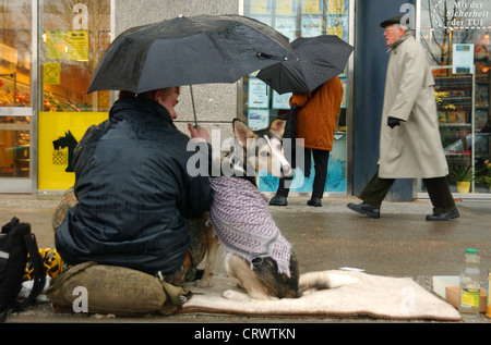 Sans-abri avec son chien à Berlin Banque D'Images