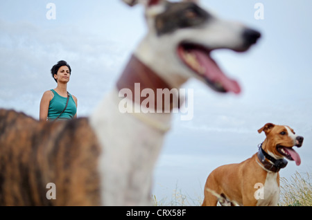 Jeune femme avec deux chiens dans la nature Banque D'Images