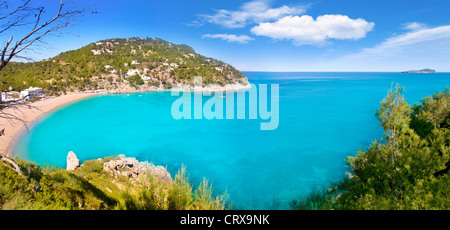 Vue aérienne de la plage Caleta de Sant Vicent dans l'île d'Ibiza cala de San Vicente Banque D'Images