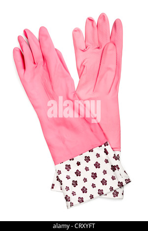 Paire de gants en caoutchouc rose isolated on white Banque D'Images