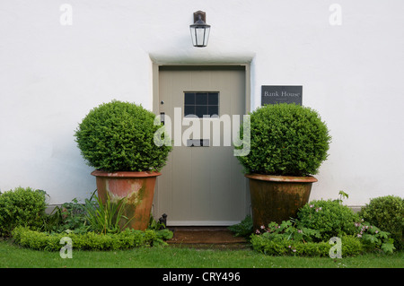 La porte d'entrée, flanquée de deux arbres en pot, d'ornement de la maison de banque. L'une des chaumières blanchies de Milton Abbas. Dorset, Angleterre, Royaume-Uni. Banque D'Images