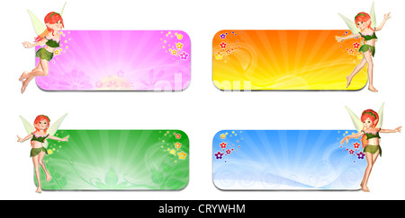 Illustration d'un pack de quatre fées en face de bannières/en-têtes avec les quatre saisons (printemps, été, automne et hiver) Banque D'Images