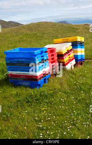 Les poissons colorés boîtes vides empilées sur le "machair" sur l'île de Vatersay des Hébrides. Banque D'Images