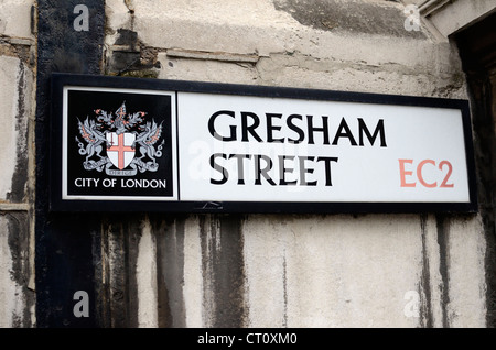 Gresham Street EC2 Plaque de rue dans la ville de Londres, London, UK Banque D'Images