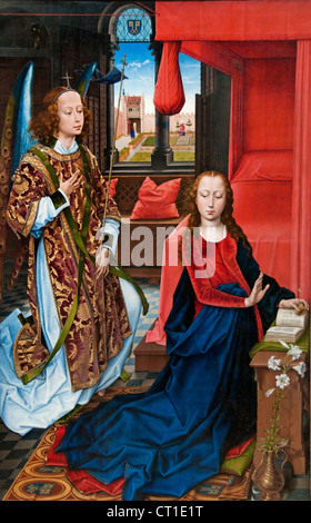 Annonciation 1465 par Hans Memling (1430–1494), Allemagne Archange Gabriel et Vierge Marie à l'intérieur d'une pièce domestique. Finesse de la Renaissance du Nord. Banque D'Images