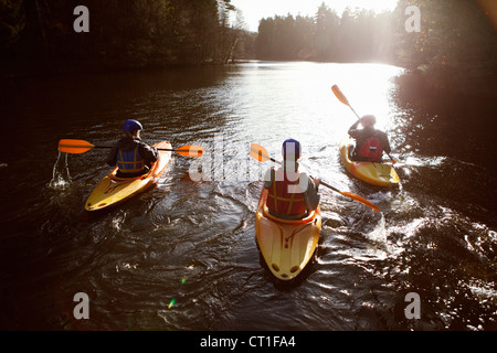 Aviron kayakistes ensemble sur le lac encore Banque D'Images