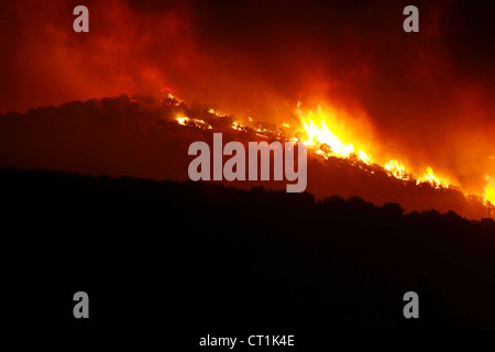 Feu de forêt de montagne la nuit détruit des milliers d'acres près de la fontaine dans l'Utah, vert intense provoquant des flammes et de la fumée qui fait rage. Banque D'Images