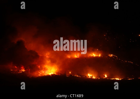 Feu de forêt de montagne la nuit détruit des milliers d'acres près de la fontaine dans l'Utah, vert intense provoquant des flammes et de la fumée qui fait rage. Banque D'Images