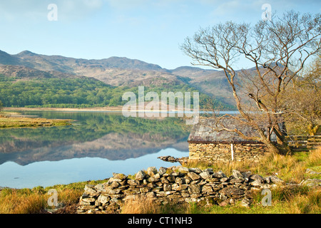 À l'Est de l'autre côté de la vallée Llyn Dinas Nantgwynant Gwynedd Snowdonia National Park au nord du Pays de Galles au Royaume-Uni, la fin du printemps. Banque D'Images