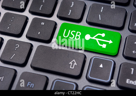 Signes sur USB touche Entrée du clavier, pour les concepts de dispositifs USB prêt. Banque D'Images