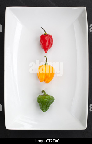 Rouge jaune et vert Piments Scotch Bonnet Banque D'Images