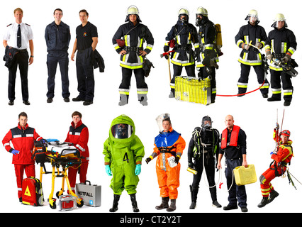 Les pompiers, dans divers uniformes, costumes, avec différents équipements, pour une variété de situations opérationnelles Banque D'Images