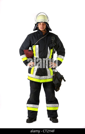 Les hommes du feu, de protection en fonction de l'épreuve, avec du matériel de lutte contre les incendies. Le feu, les sapeurs-pompiers. Banque D'Images