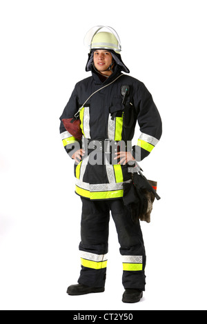 Les hommes du feu, de protection en fonction de l'épreuve, avec du matériel de lutte contre les incendies. Le feu, les sapeurs-pompiers. Banque D'Images