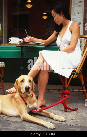 Une femme faisant un jeu de mots croisés tout en restant assis dans un café avec chien Banque D'Images