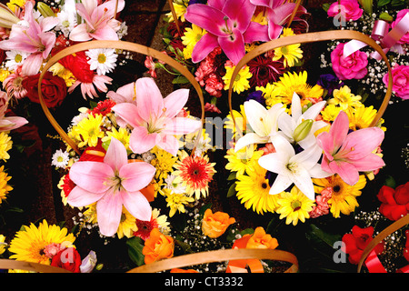 De magnifiques bouquets de fleurs colorées dans les paniers en osier. Banque D'Images