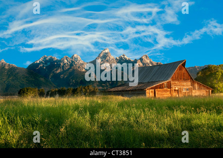 Old Moulton Mormon grange dans la Tetons National Park tôt le matin Banque D'Images