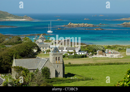 Isles of Scilly Tresco, ancienne église St Nicholas Grimsby, Primarry et quai de l'école. Banque D'Images