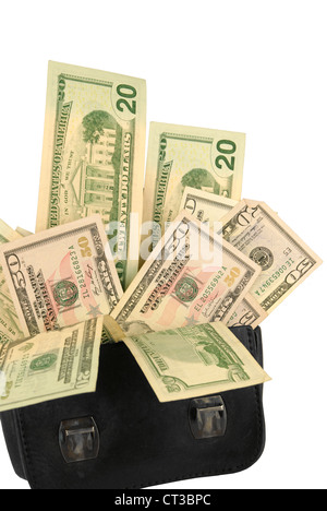 Ancien porte-monnaie avec le dollar américain isolé sur fond blanc Banque D'Images