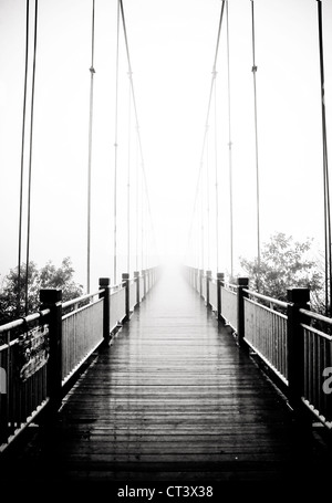 Vue sur pont en bois pour piétons dans la brume Banque D'Images