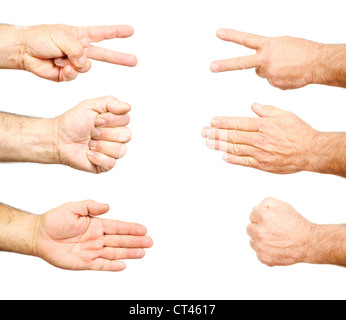 Closeup of hands making : Roche, papier, ciseaux isolated on white Banque D'Images